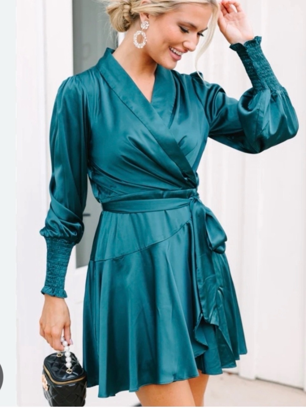 Fate Teal Satin Wrap  Dress with Smocked Cuffs NWT
